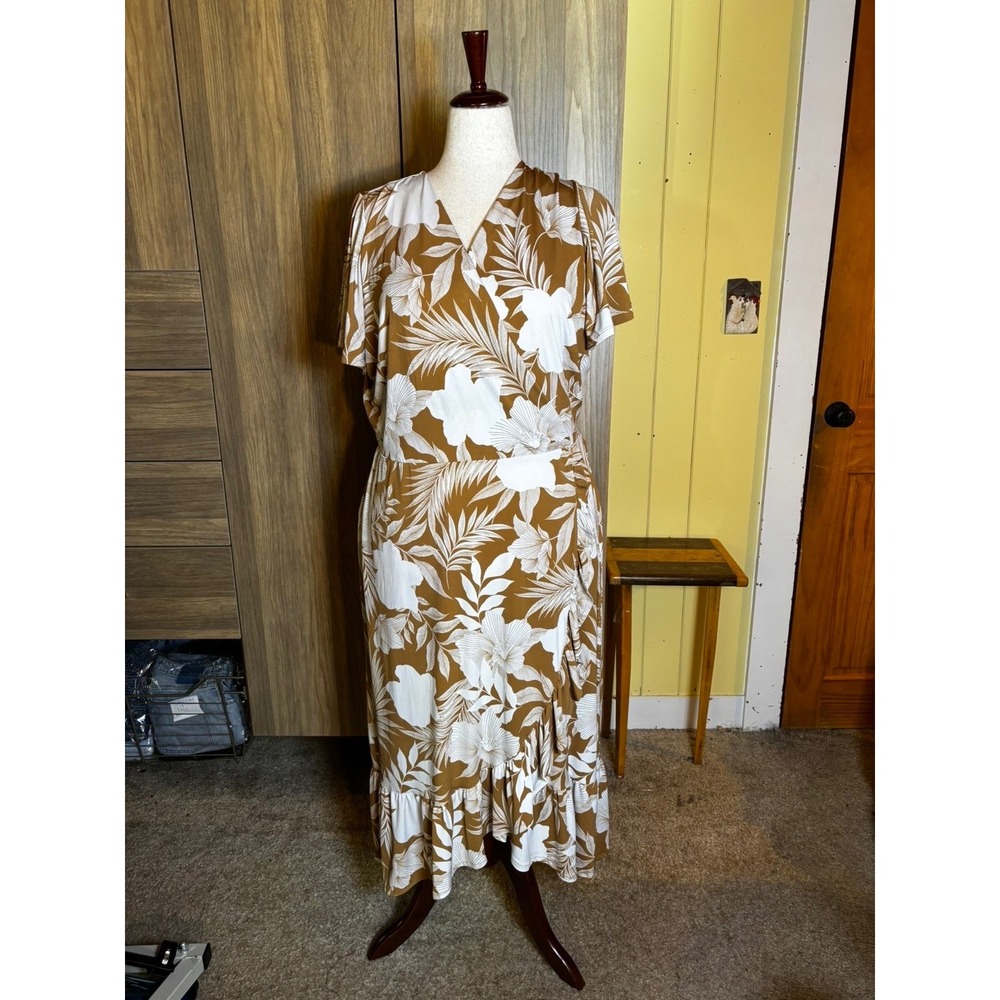 267.Lane Bryant Tropical Floral Faux Wrap Midi Dress Tan White Size 18/20 V-Neck